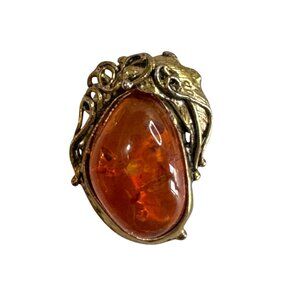 Vintage Goldplated Amber Brooch 2" Oval Shape With Intricate Design